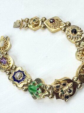 Victorian Revival 14K Gold Multi Gemstone Enamel Slide Bracelet 29g 7.0" JR1806